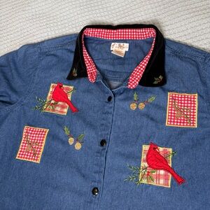 Bobbie Brooks Denim Velvet Collar Shirt Womens 22W 24W Cardinal Christmas Top